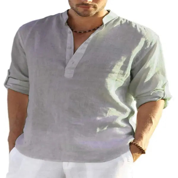 Stand Collar Long Sleeve Cotton Linen Shirt Casual Loose Style - Grey / 2XL - None