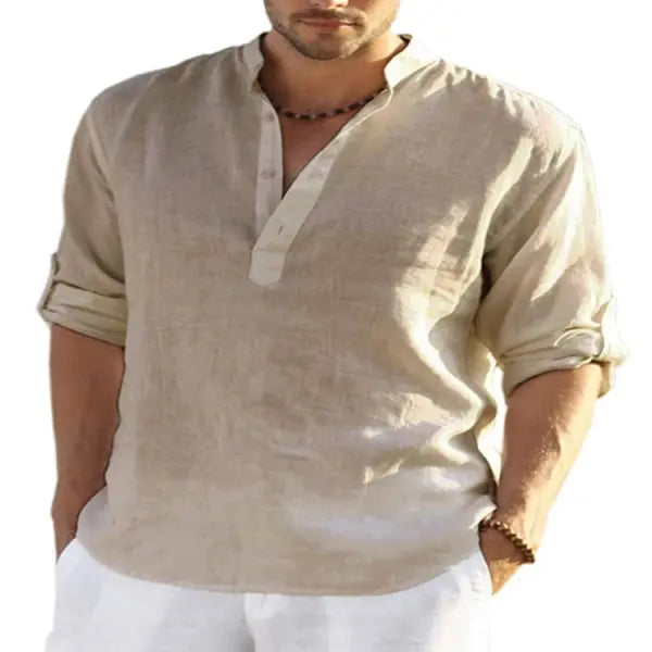 Stand Collar Long Sleeve Cotton Linen Shirt Casual Loose Style - Khaki / 2XL - None