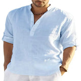 Stand Collar Long Sleeve Cotton Linen Shirt Casual Loose Style - Light Blue / 2XL - None