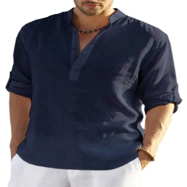 Stand Collar Long Sleeve Cotton Linen Shirt Casual Loose Style - Navy Blue / 2XL - None