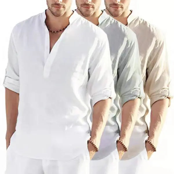 Stand Collar Long Sleeve Cotton Linen Shirt Casual Loose Style - None