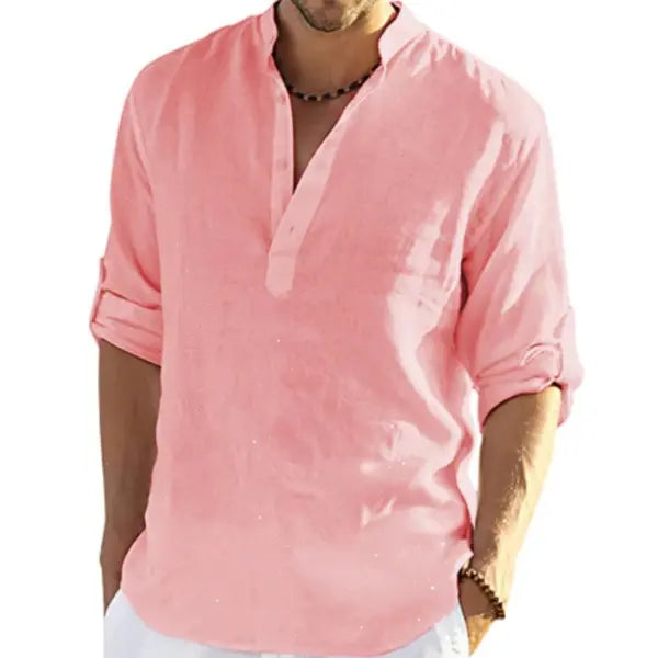 Stand Collar Long Sleeve Cotton Linen Shirt Casual Loose Style - Pink red / 2XL - None