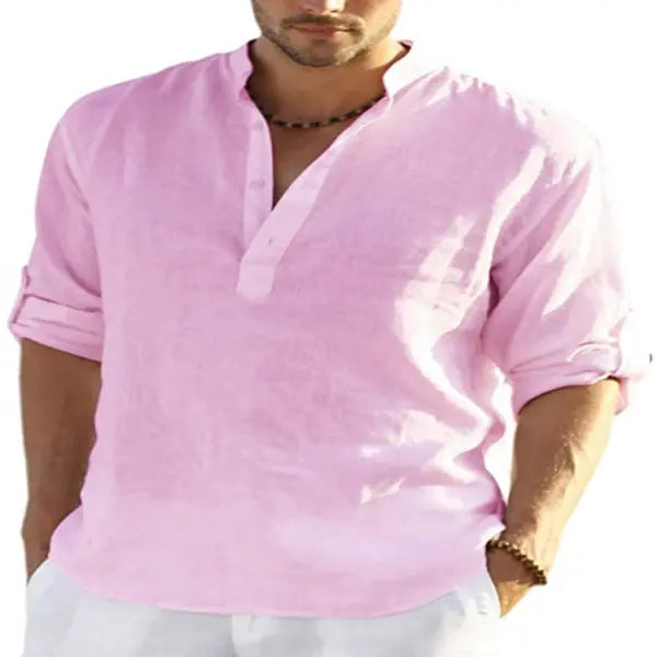 Stand Collar Long Sleeve Cotton Linen Shirt Casual Loose Style - Pink / 2XL - None
