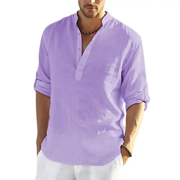 Stand Collar Long Sleeve Cotton Linen Shirt Casual Loose Style - Purple / 2XL - None