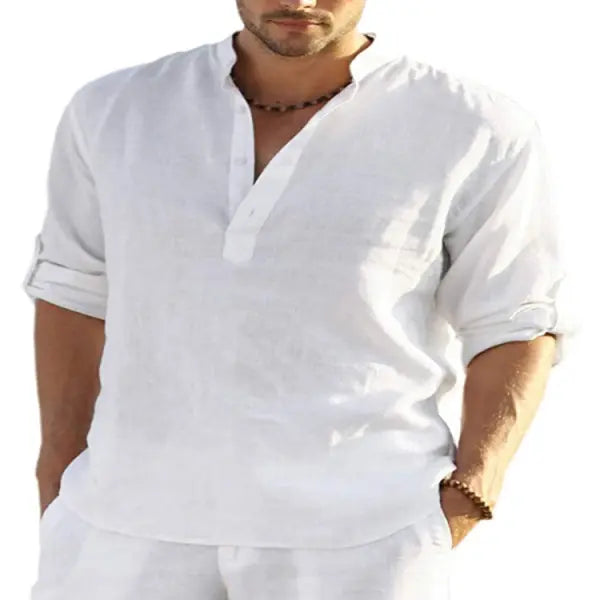 Stand Collar Long Sleeve Cotton Linen Shirt Casual Loose Style - White / 2XL - None