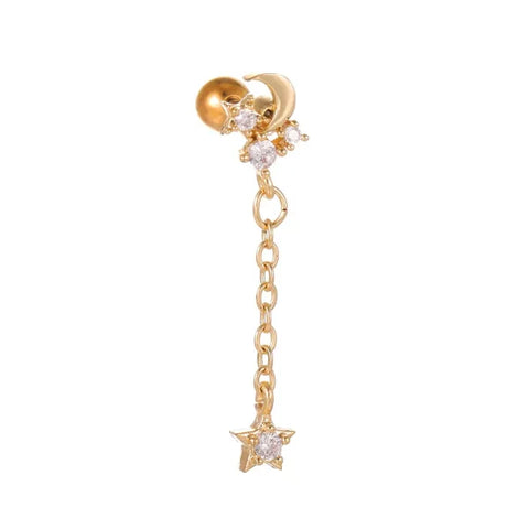 Star Moon Pendant | Cartilage Chain Hoop Earring - EGD0703 Gold