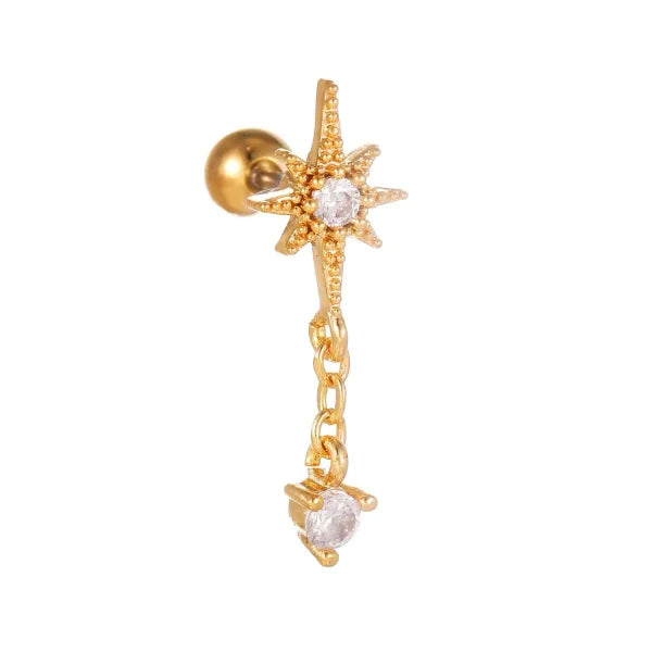 Star Moon Pendant | Cartilage Chain Hoop Earring - EGD0702 Gold