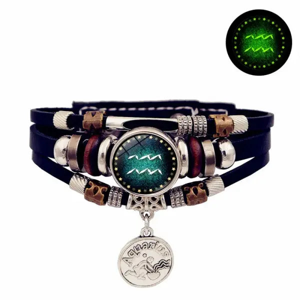 Luminous leather bracelet multi layered rope chain astrology style - 8-Aquarius