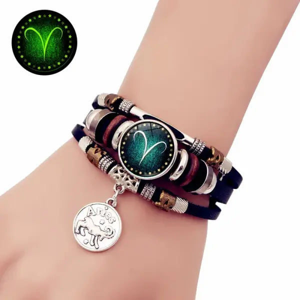 Luminous leather bracelet multi layered rope chain astrology style