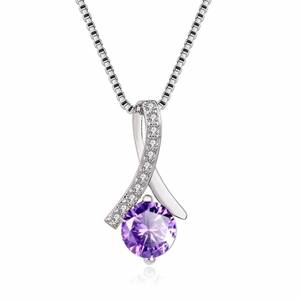 Sterling silver necklace featuring a round purple amethyst and diamond accents