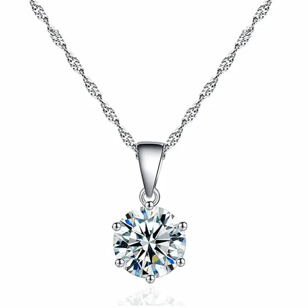 Sterling silver necklace featuring a round crystal pendant in six-prong setting