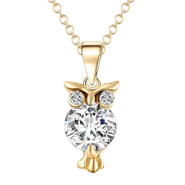 Gold-toned owl pendant necklace with crystal rhinestones on sterling silver necklace