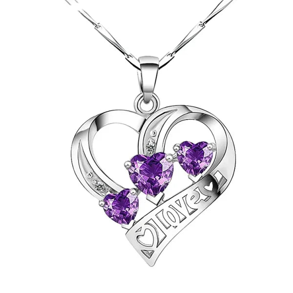 Sterling silver necklace pendant with purple gemstones and Love engraved design