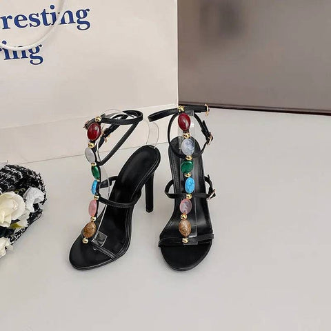 Stiletto Sandals: Fashionable Beaded & Colorful Buckle Sandals - Black / 36