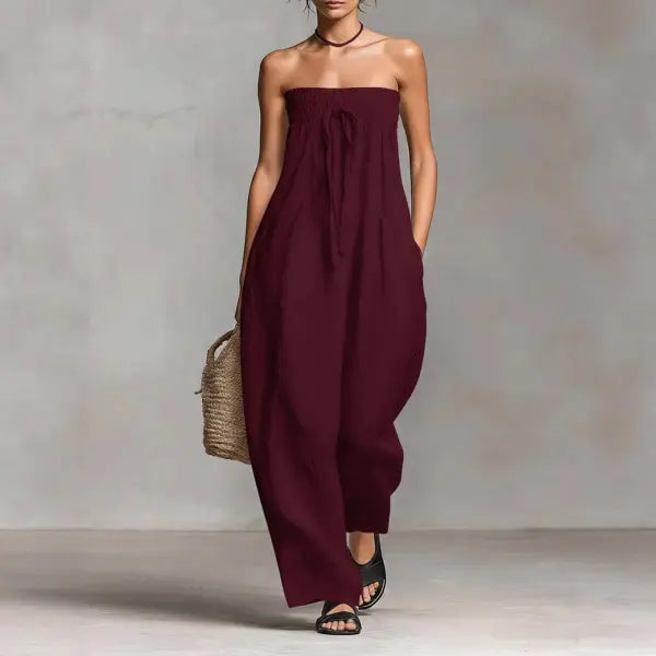 Strapless Ruched Jumpsuit Summer Fashion for Elegant Leisure - 2XL / Wine Red - None