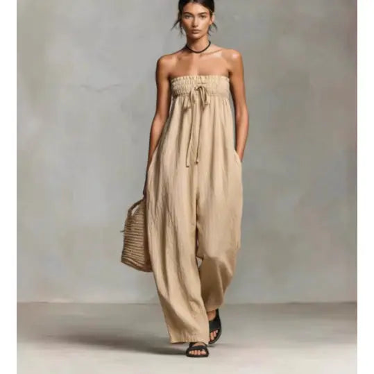 Strapless Ruched Jumpsuit Summer Fashion for Elegant Leisure - 2XL / Apricot - None