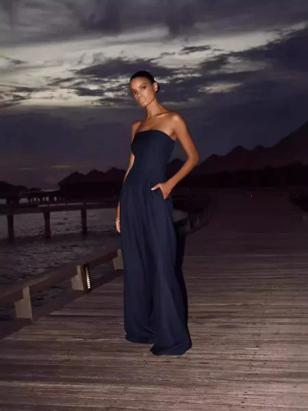 Strapless Slim Fit Women’s Jumpsuit – Sexy High Waist Evening Party Bodysuit - Navy blue / L