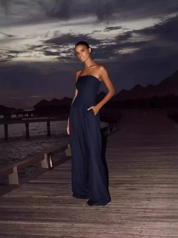 Strapless Slim Fit Women’s Jumpsuit – Sexy High Waist Evening Party Bodysuit - Navy blue / L