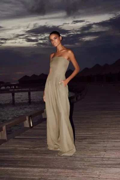 Strapless Slim Fit Women’s Jumpsuit – Sexy High Waist Evening Party Bodysuit - Khaki / L