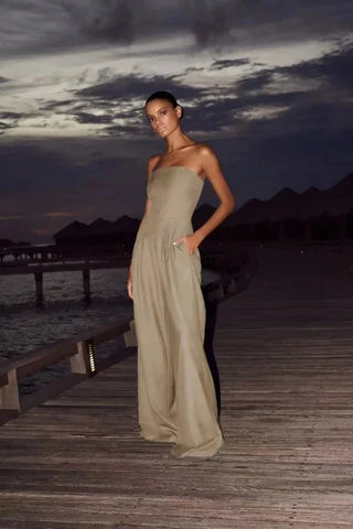 Strapless Slim Fit Women’s Jumpsuit – Sexy High Waist Evening Party Bodysuit - Khaki / L