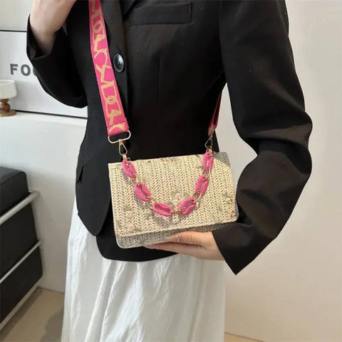 Women’s Fashion Straw Small Square Bag Acrylic Chain
