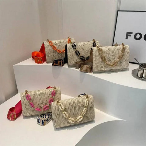 Women’s Fashion Straw Small Square Bag Acrylic Chain