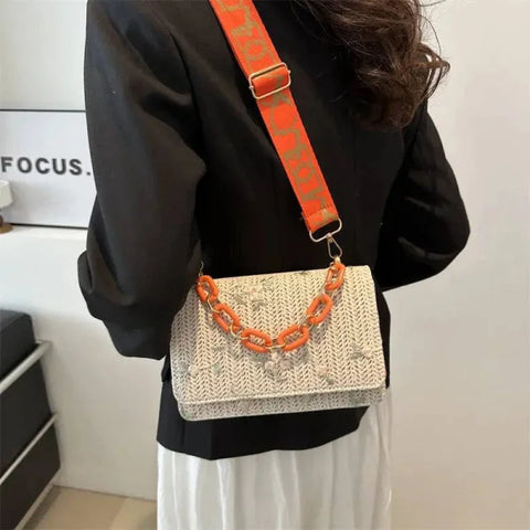 Women’s Fashion Straw Small Square Bag Acrylic Chain