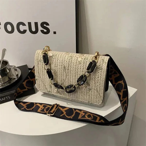 Women’s Fashion Straw Small Square Bag Acrylic Chain