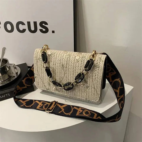 Women’s Fashion Straw Small Square Bag Acrylic Chain