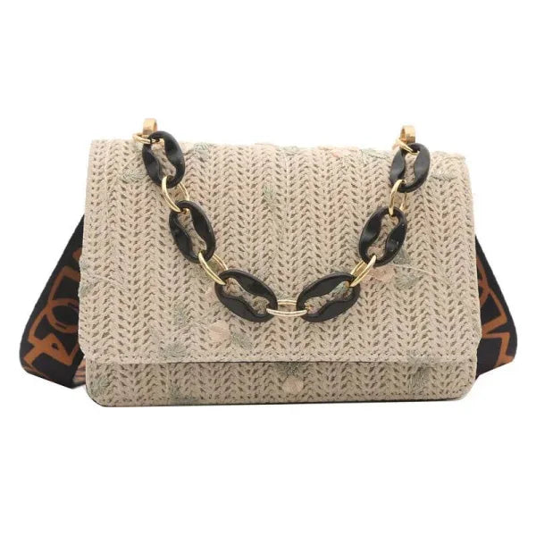 Women’s Fashion Straw Small Square Bag Acrylic Chain - Black