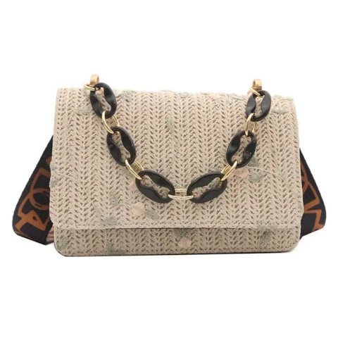 Women’s Fashion Straw Small Square Bag Acrylic Chain - Black