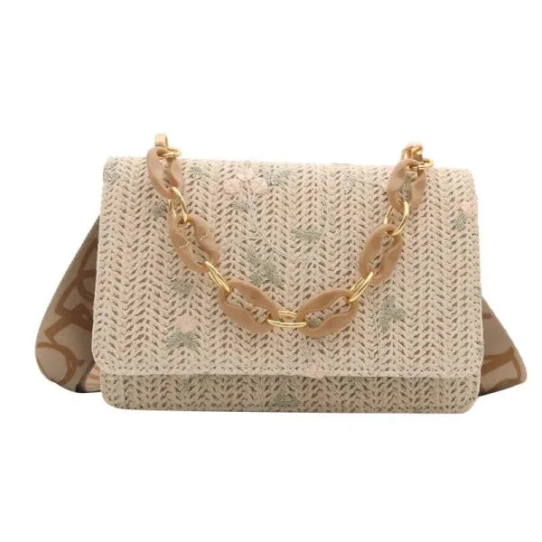 Women’s Fashion Straw Small Square Bag Acrylic Chain - Khaki
