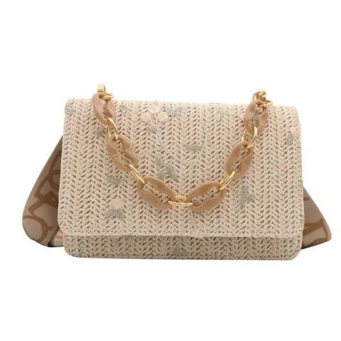 Women’s Fashion Straw Small Square Bag Acrylic Chain - Khaki