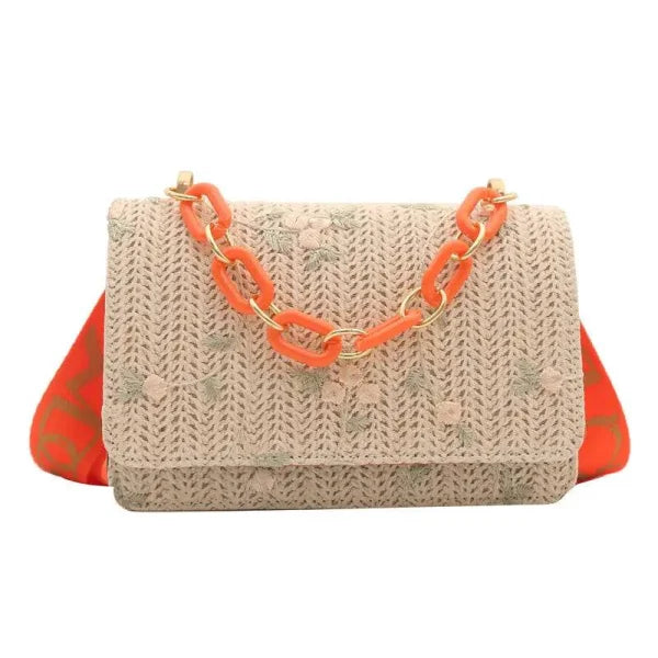 Women’s Fashion Straw Small Square Bag Acrylic Chain - Orange