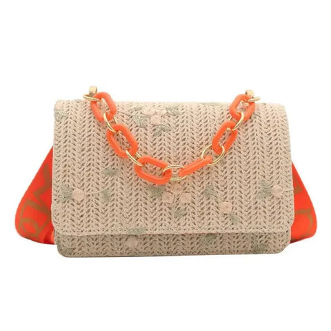 Women’s Fashion Straw Small Square Bag Acrylic Chain - Orange