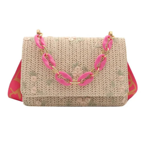 Women’s Fashion Straw Small Square Bag Acrylic Chain - Pink