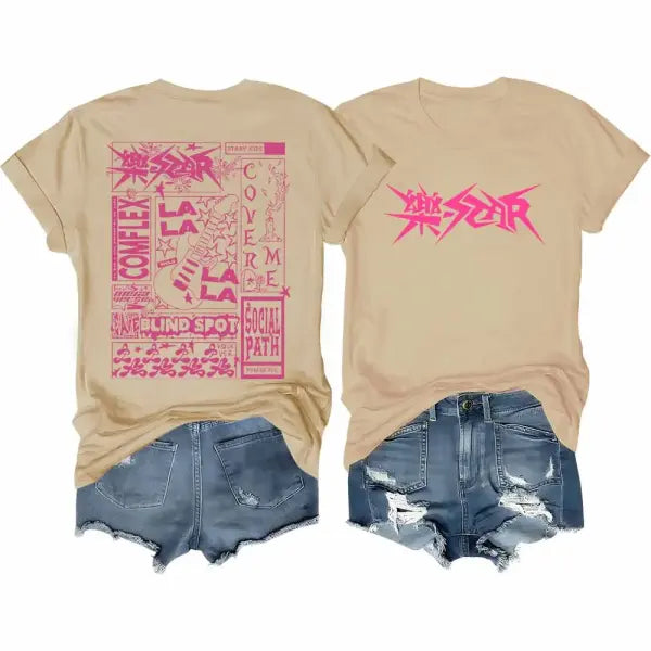 Stray Kids T-Shirt Rock Star Merch Shirt Kpop Short Sleeve Tshirt Stray Kids Rock Elements Pattern Streetwear - Khaki