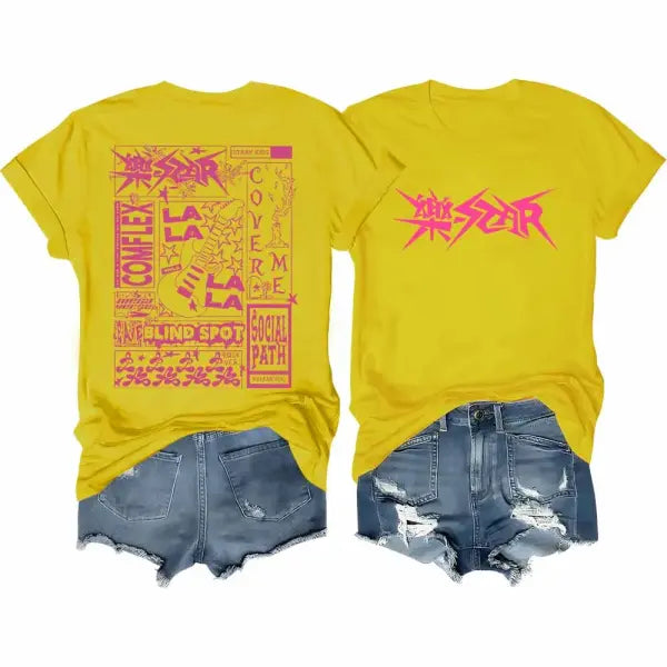 Stray Kids T-Shirt Rock Star Merch Shirt Kpop Short Sleeve Tshirt Stray Kids Rock Elements Pattern Streetwear - Yellow