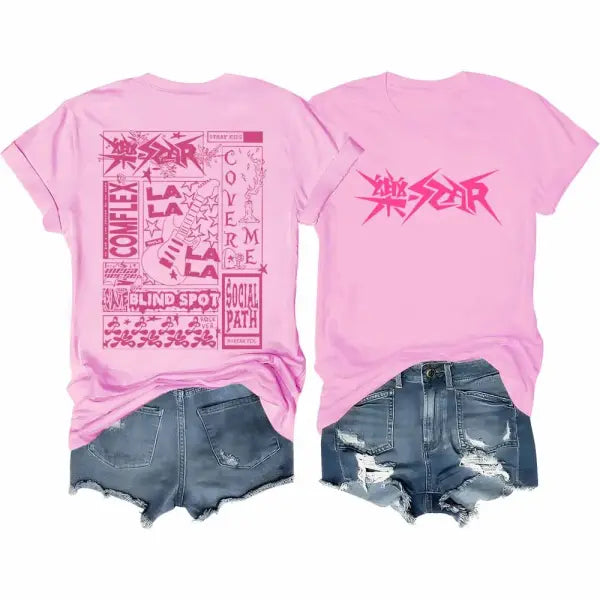 Stray Kids T-Shirt Rock Star Merch Shirt Kpop Short Sleeve Tshirt Stray Kids Rock Elements Pattern Streetwear - Pink