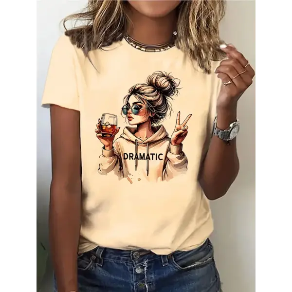 90s Streetwear Women’s Graphic T-Shirt – “Dramatic” Wine Print Casual Short Sleeve Top - 02135kaqi / XL