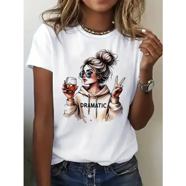 90s Streetwear Women’s Graphic T-Shirt – “Dramatic” Wine Print Casual Short Sleeve Top - 02135white / XS