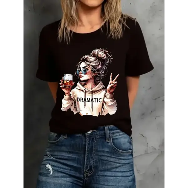 90s Streetwear Women’s Graphic T-Shirt – “Dramatic” Wine Print Casual Short Sleeve Top - 02135black / M
