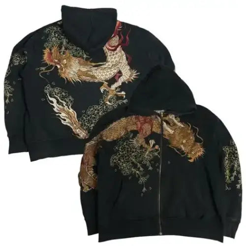 Streetwear Zip Up Hoodie Jacket Men Women Harajuku Retro Cherry Blossom Dragon Graphic Black Oversized Sweatshirt