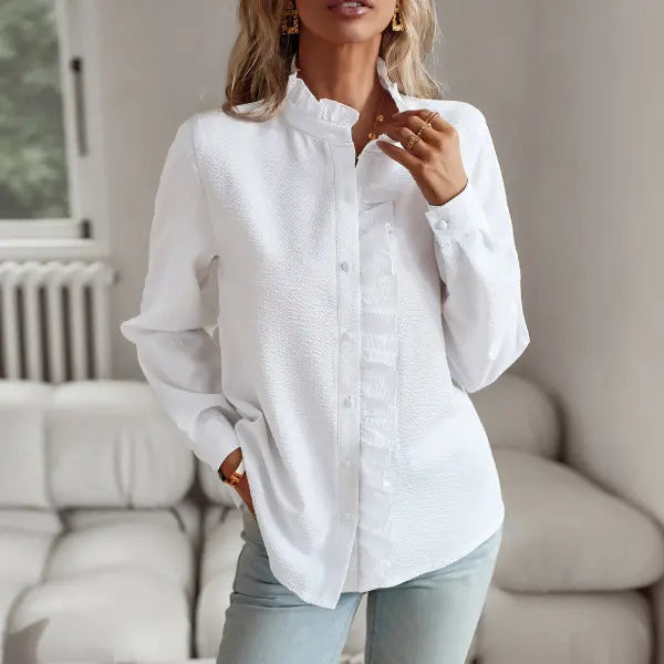 Striped Long Sleeve Shirt Fashion Ruffle Design Button Up Tops Casual Office Blouse Elegant Commuting Women’s Clothing