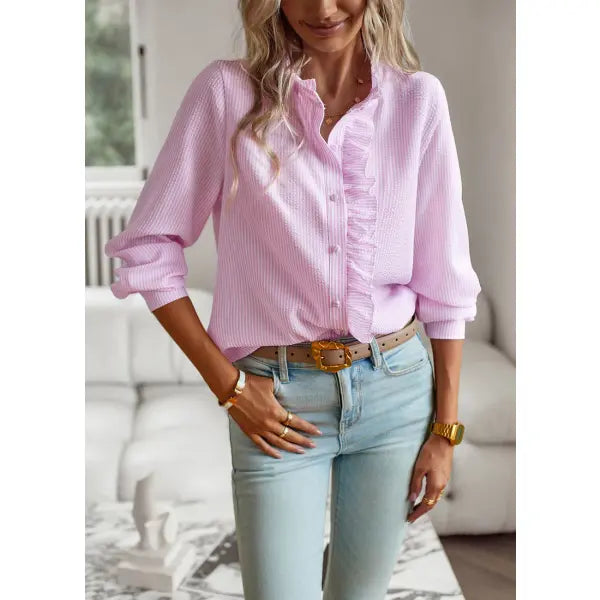 Striped Long Sleeve Shirt Fashion Ruffle Design Button Up Tops Casual Office Blouse Elegant Commuting Women’s Clothing