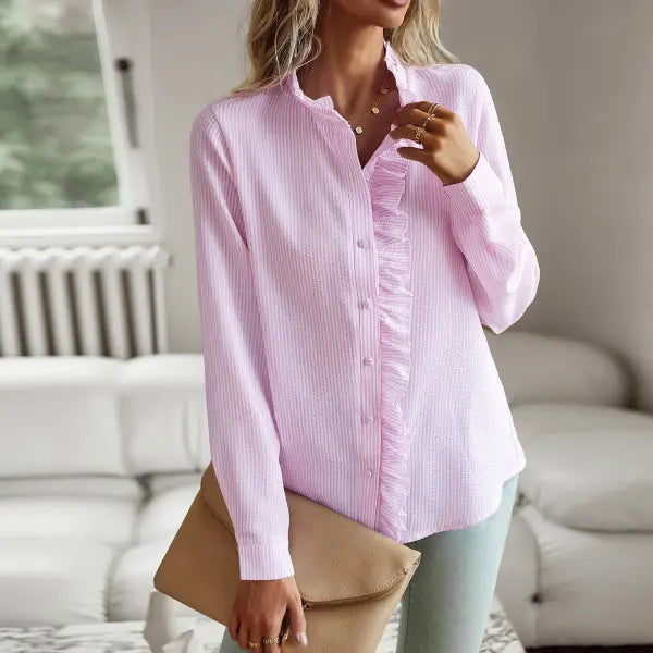 Striped Long Sleeve Shirt Fashion Ruffle Design Button Up Tops Casual Office Blouse Elegant Commuting Women’s Clothing