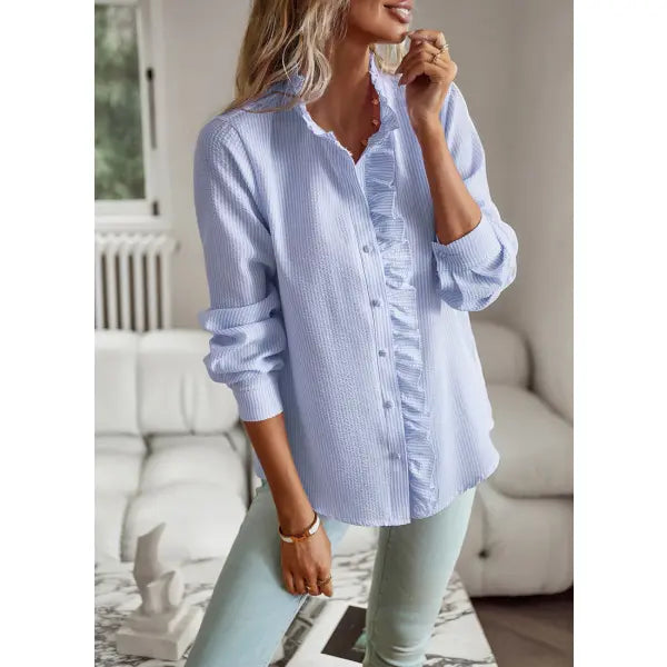 Striped Long Sleeve Shirt Fashion Ruffle Design Button Up Tops Casual Office Blouse Elegant Commuting Women’s Clothing