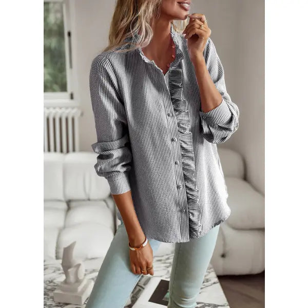 Striped Long Sleeve Shirt Fashion Ruffle Design Button Up Tops Casual Office Blouse Elegant Commuting Women’s Clothing