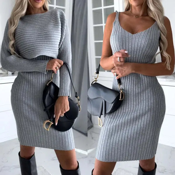 Striped Skirt Set Polyester Slim – Elegant Autumn Mid-Length Fashion - None