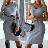 Striped Skirt Set Polyester Slim – Elegant Autumn Mid-Length Fashion - None